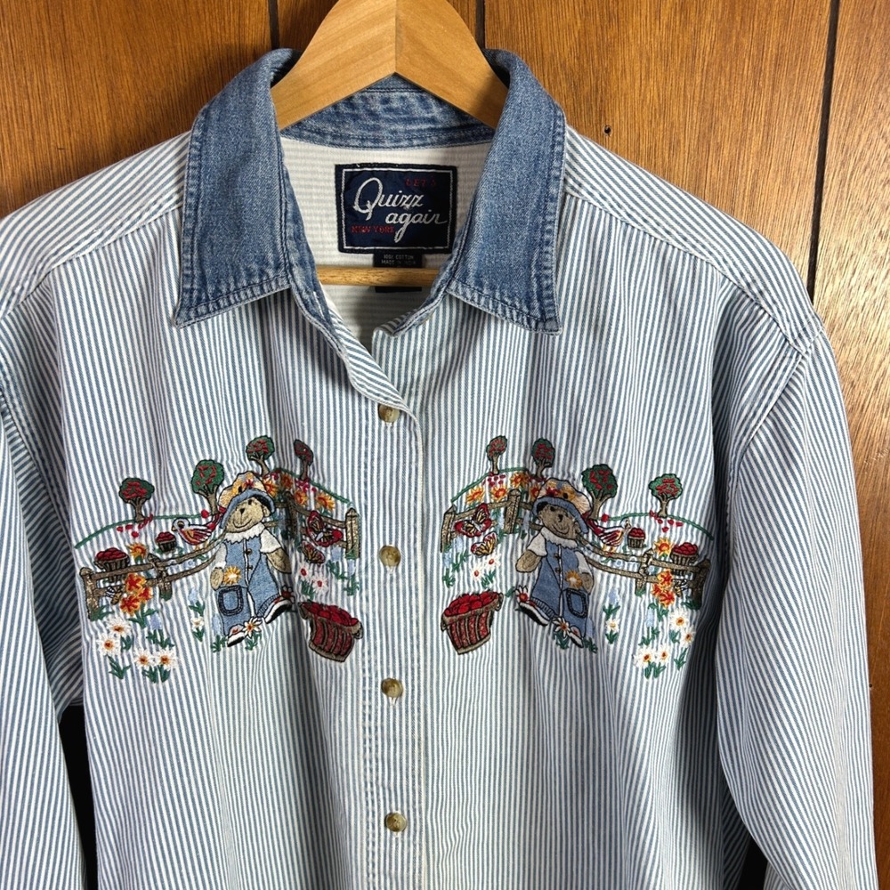 Vintage Quizz Again‎ Hickory Stripe Teddy Bear Embroidered Denim Collar Shirt S